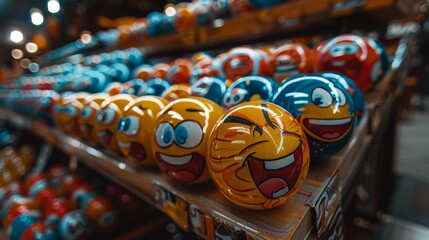 Colorful close up of diverse emoji balls showcasing a vivid array of expressive emotions