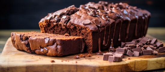 A delicious loaf of chocolate banana bread is displayed on a rustic wooden cutting board, showcasing the perfect combination of ingredients in this baked goods cuisine