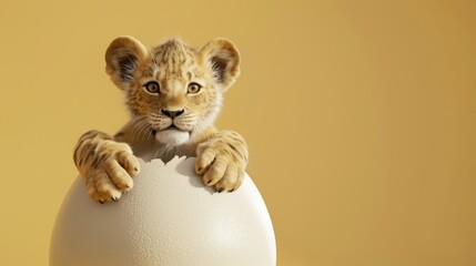 Lion cub emerging from egg amid summer savannah, minimalist design , 3D illustration