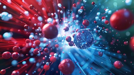A molecular collision depicted with explosive energy, red and blue spheres radiating outward , 3D illustration