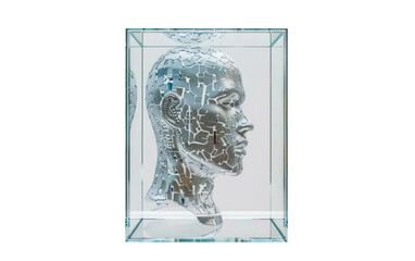 Head of Human Shape Confined in Glass Box, Isolated on White Background, Generative Ai