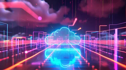 Deurstickers A vivid portrayal of cloud computing technology with neon outlines and a cloud symbol at the forefront on a digital grid landscape. © cherezoff