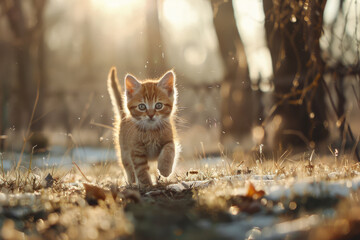 Naklejka na ściany i meble fluffy tabby kitten with brown and black spots running through a sunny forest