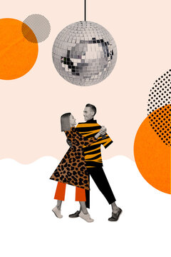 Creative vertical collage artwork of young couple leopard print clothes dancing waltz in nightclub isolated on beige color background