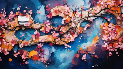 A vibrant painting featuring delicate pink flowers blooming against a dreamy blue background, creating a striking contrast and sense of serenity