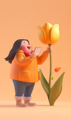 Cute fluffy woman takes a picture of a giant yellow tulip. Canadian Tulip Festival or Netherlands event. Vertical 3d - obrazy, fototapety, plakaty