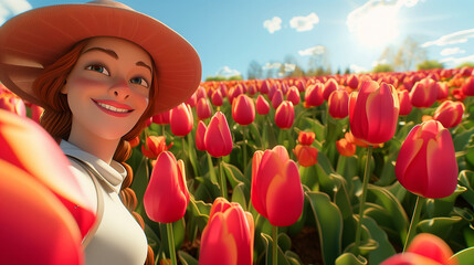 Young woman in a hat takes a selfie in the tulip field. Canadian Tulip Festival or Netherlands event. 3d - obrazy, fototapety, plakaty