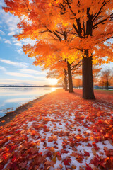 Naklejka na ściany i meble Inviting Pathway Amidst Vibrant Autumn Colors: Fall Season Landscape