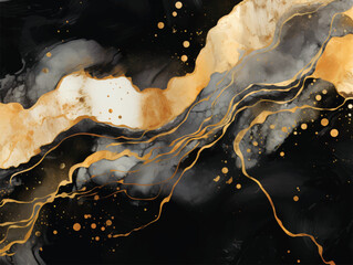 Liquid gold marble texture on black and white background. Ideal for flyer, wedding invitation, cover, business card. Luxury abstract fluid art painting background alcohol ink technique.