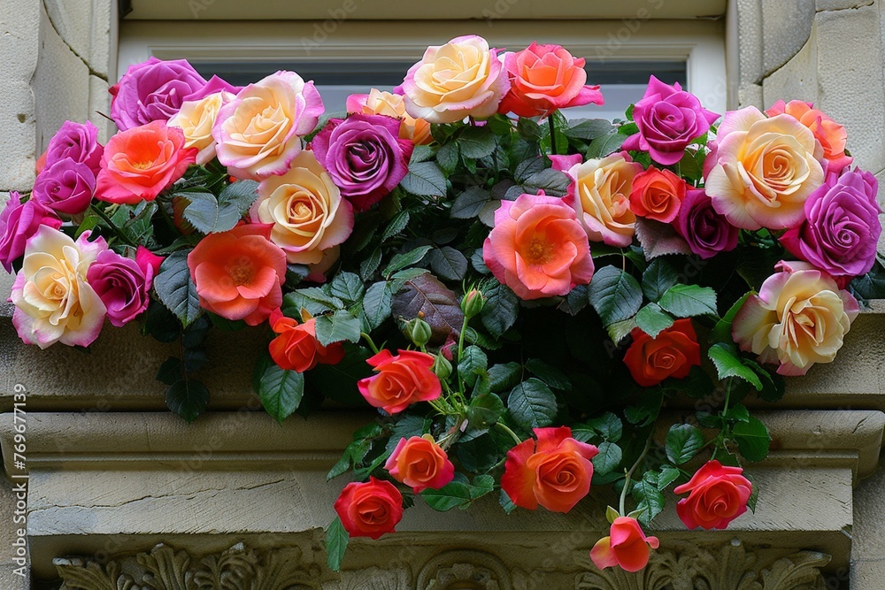 Poster a vibrant bouquet of assorted flowers on a sunlit window sill, filling the space with color and frag