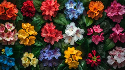 Plexiglas foto achterwand A vibrant collection of assorted azalea flowers displayed on a wooden table, showcasing a colorful array of petals and leaves © nnattalli