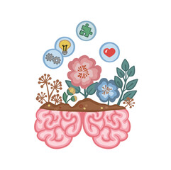 Flowers of the mind on the brain cartoon symbol vector