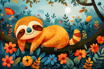 Cute hand drawn sloth sleeping in the jungle. Lazy animal character. Cartoon illustration.