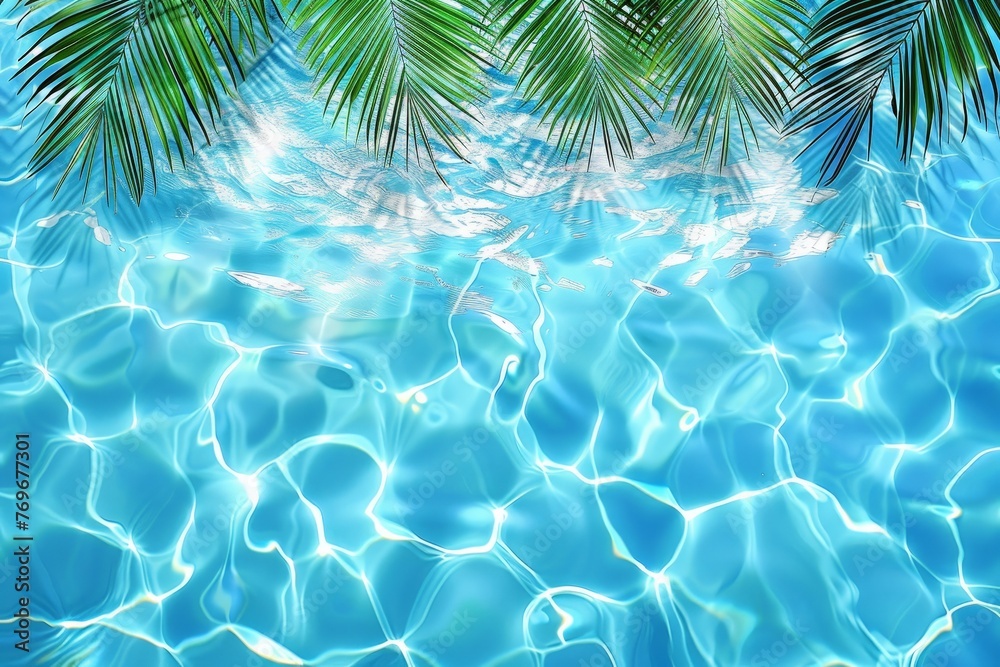 Aufkleber a serene pool gleams with azure water, encircled by lush palm trees swaying gently in the breeze