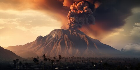 Catastrophic scene: volcanic eruption, explosions, smoke, fire, and lava.
