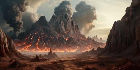 Catastrophic scene: volcanic eruption, explosions, smoke, fire, and lava. - obrazy, fototapety, plakaty