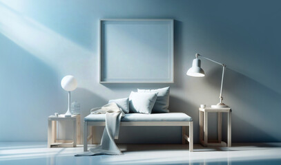 Mock up with an empty frame in modern interior living room, cool color tone, home decor, minimal design, generative ai