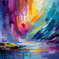 a dynamic abstract painting featuring an energetic crescendo of purple and blue brushstrokes. Employ a mix of bold and delicate strokes to create a sense of movement and tension, capturing the essence