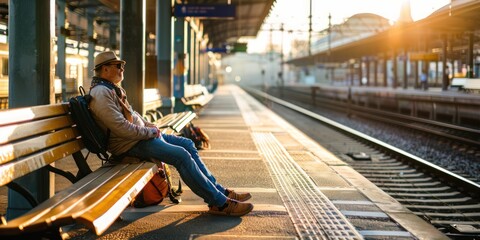 A traveler sitting on a bench at a train station, waiting for their next connection.  - obrazy, fototapety, plakaty