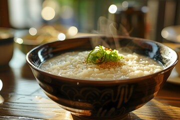 Aromatic Chinese Rice Porridge in Handcrafted Bowl at Michelin-Star Restaurant