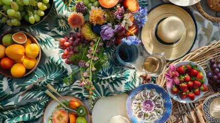 Artistic closeup of a summer picnic spread, showcasing a variety of textures and colors