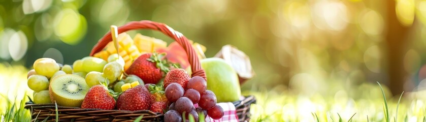 High-definition closeup of refreshing summer picnic foods, with a soft-focus outdoor background