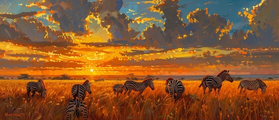 Serengeti plain, oil painted, grazing zebras, vibrant sunset, mid-range angle. - obrazy, fototapety, plakaty