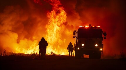Courageous Firefighters Battling Gigantic Burning Forest Fire with Fire Truck Confronting Towering Flames and Billowing Smoke