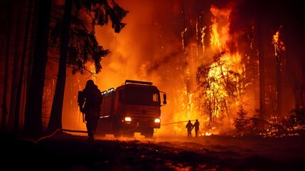 Courageous Firefighters Confront Gigantic Burning Forest Fire in a Battle Against the Raging Flames and Thick Smoke