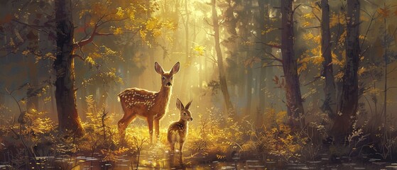 Serene forest backdrop, oil paint texture, deer and rabbits, dawn light, wide angle. - obrazy, fototapety, plakaty