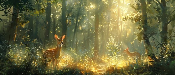 Serene forest backdrop, oil paint texture, deer and rabbits, dawn light, wide angle.