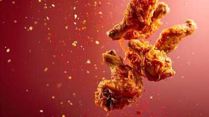 Crispy and Crunchy Fried Chicken Surrounded by Swirling Spices Against a Vibrant Red Background in a Commercial Food Photography Setting