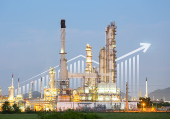 Oil gas refinery or petrochemical plant. Include arrow, graph or bar chart. Increase trend or growth of production, market price, demand, supply. Concept of business, industry, fuel, power energy.