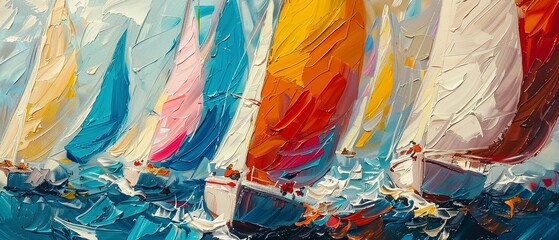 Sailing regatta, oil painting texture, colorful sails, bright midday, aerial view. - obrazy, fototapety, plakaty