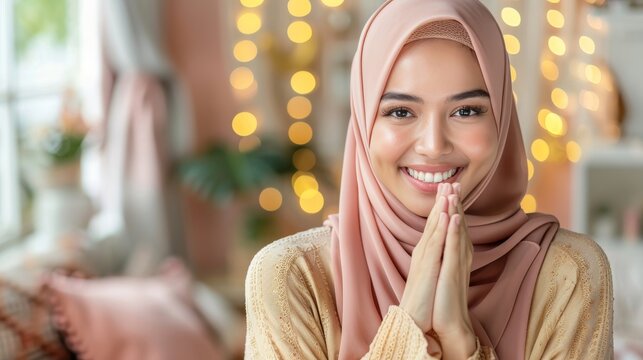 Radiant asian muslim woman smiling, wishing eid mubarak on blurred background with copy space