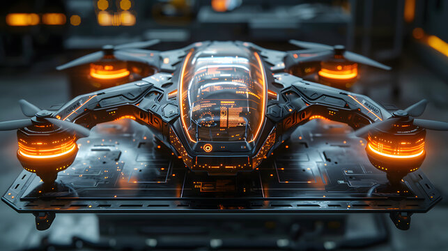A state-of-the-art drone with glowing orange elements sits ready on a sophisticated launching pad, against a backdrop of a futuristic facility