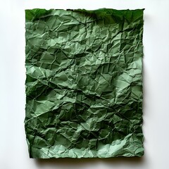 Green crumpled paper top view on white background with shadow. Green old paper texture