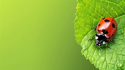 A vivid red ladybug on a green leaf with dewdrops against background. - obrazy, fototapety, plakaty