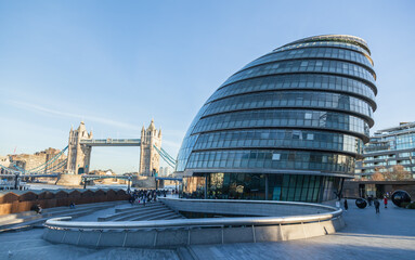 City Hall London and Tower Bridge. View of tower bridge with city hall in the foreground
