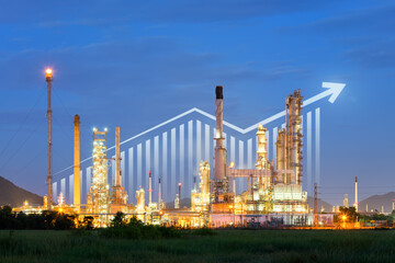 Oil gas refinery or petrochemical plant. Include arrow, graph or bar chart. Increase trend or growth of production, market price, demand, supply. Concept of business, industry, fuel, power energy.