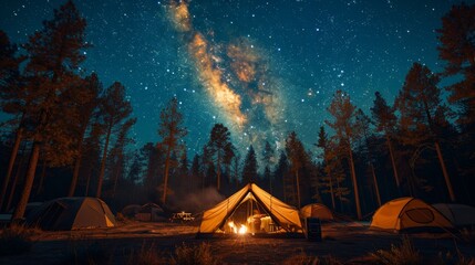 Camping under the Stars: A cozy campsite under a starry night sky, with a crackling campfire and silhouetted tents, conveying the joy of outdoor camping. - obrazy, fototapety, plakaty