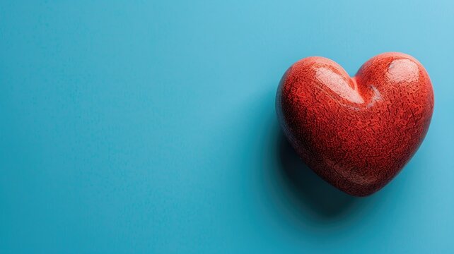 A textured red heart object is centered on a solid blue background, conveying simple, vibrant representation of love.
