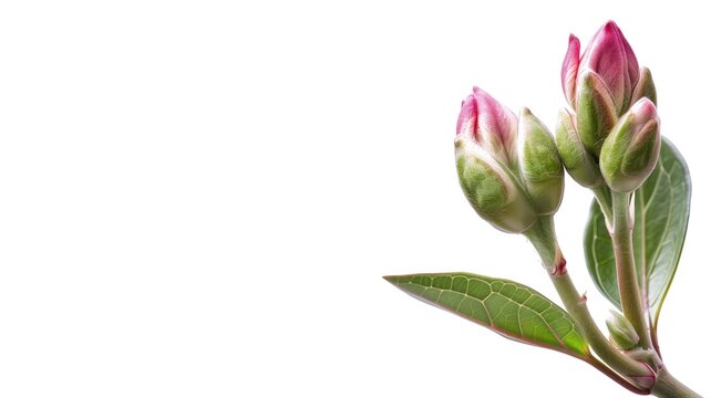 Pink budding flowers with green leaves isolated on a white background.