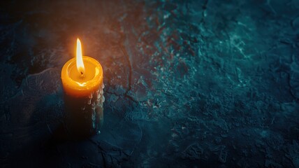Fototapeta premium A single lit yellow candle on a textured blue surface with soft lighting.
