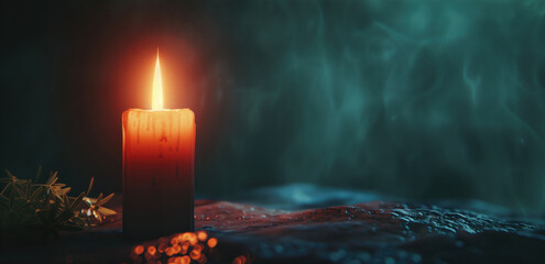 A lit candle with dripping wax on a dark, misty background. - obrazy, fototapety, plakaty