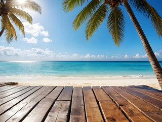 Summer panoramic landscape, nature of tropical beach with wooden platform, sunlight. Golden sand...