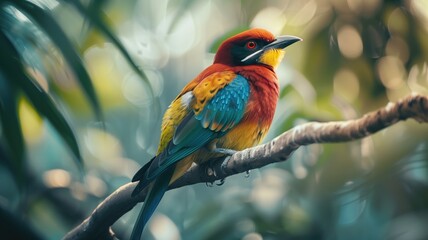 A colorful bird with vibrant plumage perched on a branch amidst blurred green background. - obrazy, fototapety, plakaty