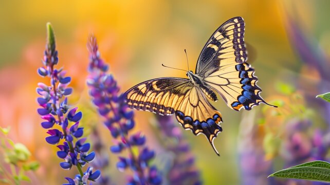 A butterfly with intricate wing patterns perched on purple lupine flowers against a vibrant backdrop.