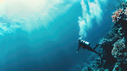 A diver explores underwater near a coral reef, with light filtering through the ocean surface.