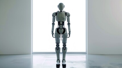 A white metallic robot in a black bodysuit, glowing blue eyes and a smile, standing in a bright room with a window. Gray stone floor, white walls, single light source.